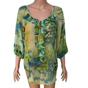 Eric Signature Blouse Elastic Sleeve Watercolor Ruffle Top Size 6